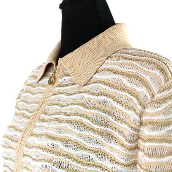 St. John Sport Wool Gold White Textured Stripe Cardigan Jacket L Zip-Up Sweater - Picture 3 of 8